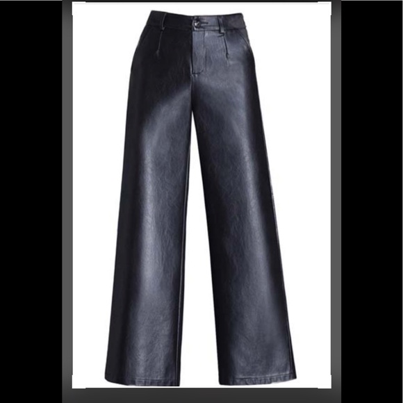 cellabie Pants - BLACK LEATHER WIDE LEG PANTS